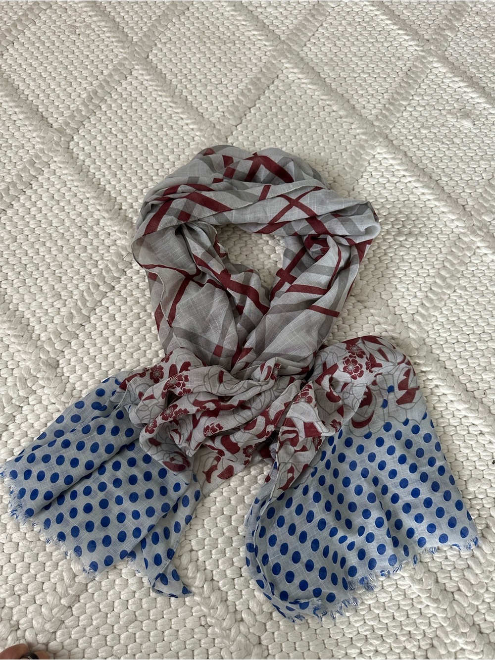 Light Gray Scarf with Burgundy Plaid and Blue Polka Dot Accents